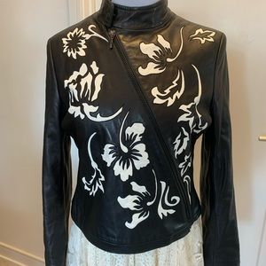Giorgio Armani Leather Flower Biker Jacket 3D Hibiscus Cutout w Zipper UNIQUE😍